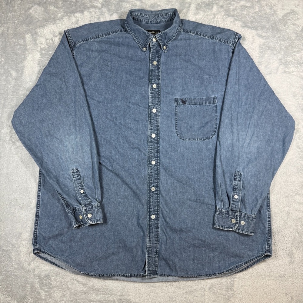 Vintage Eddie Bauer Denim Shirt Men 2XLT Long Sleeve Cotton Button Up Fade Farm